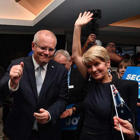 Prime Minister Scott Morrison and former deputy leader Julie Bishop at the West Australian Liberal Party campaign rally in Perth, Monday, May 13, 2019. (AAP Image/Mick Tsikas) NO ARCHIVING