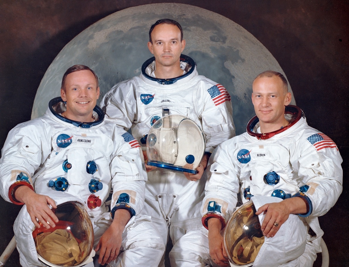 This March 30, 1969 photo made available by NASA shows the crew of the Apollo 11, from left, Neil Armstrong, Michael Collins, Edwin E. Aldrin This March 30, 1969 photo made available by NASA shows the crew of the Apollo 11, from left, Neil Armstrong, Michael Collins, Edwin E. Aldrin
