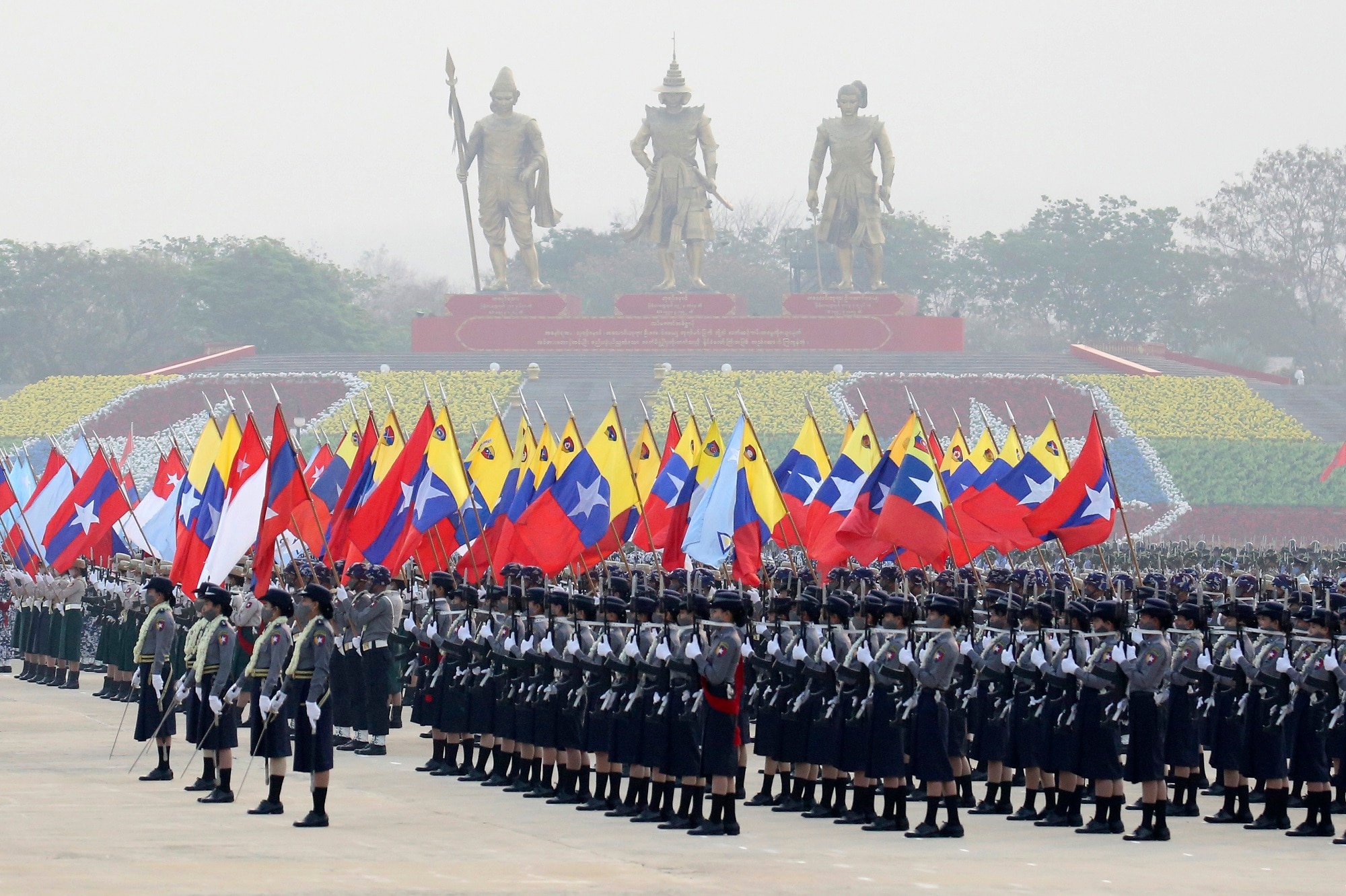 Military personnel participate in a parade on Armed Forces Day in Naypyitaw, Myanmar.