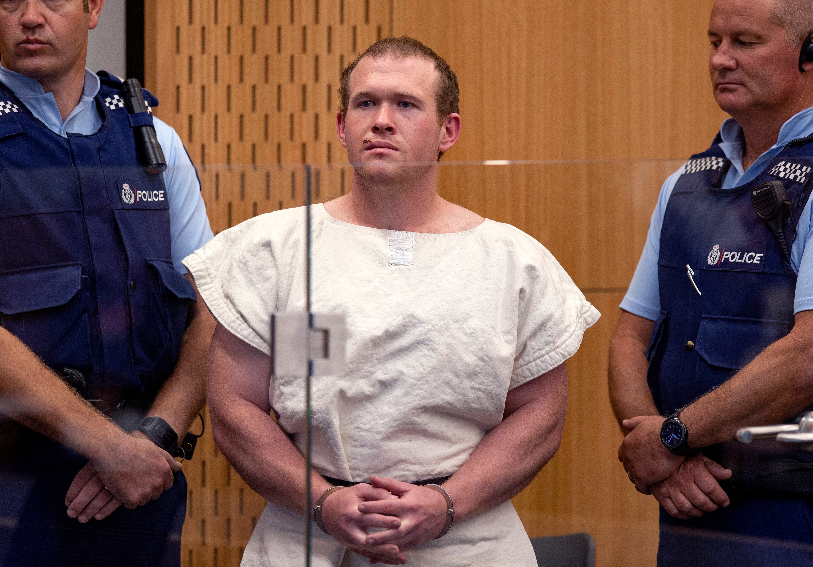 Brenton Tarrant, the man charged in the Christchurch mosque shootings, appears in the Christchurch District Court.