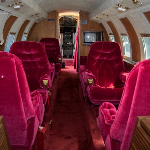 a private jet once owned by Elvis Presley on a runway in New Mexico.  GWS Auctions Inc. out of California is holding an auction for the plane on May 27, 2017 at an event featuring A-list celebrity memorabilia. 