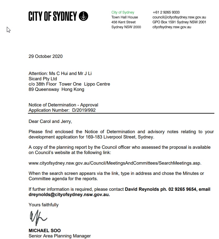 Notice of approval of the development from city of Sydney.