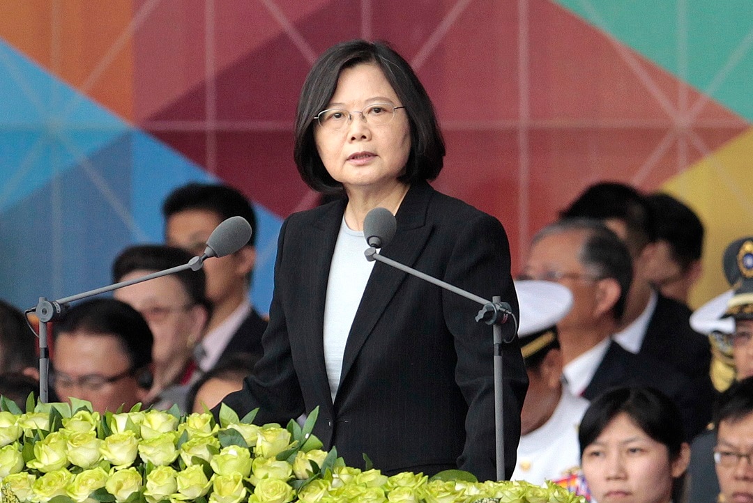 Taiwan's President Tsai Ing-wen delivers a speech during National Day celebrations in front of the Presidential Building in Taipei, Taiwan, Monday, Oct. 10, 2016. (AP Photo/Chiang Ying-ying)