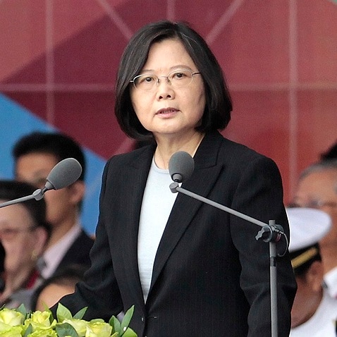 Taiwan's President Tsai Ing-wen delivers a speech during National Day celebrations in front of the Presidential Building in Taipei, Taiwan, Monday, Oct. 10, 2016. (AP Photo/Chiang Ying-ying)