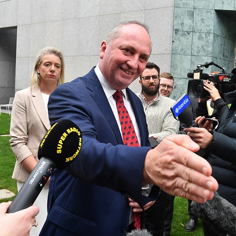 Nationals leader Barnaby Joyce and MP Bridget McKenzie arrive at a press conference at Parliament House in Canberra on Monday, 21 June, 2021.