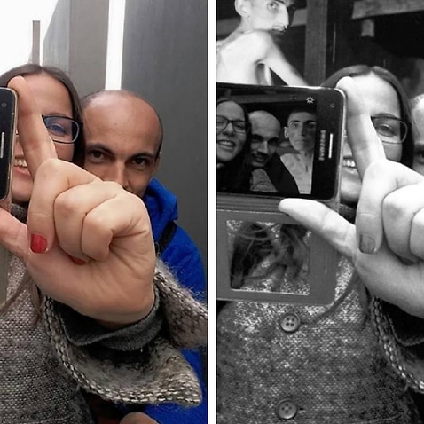 The confronting altered images challenge those who take selfies at the Holocaust memorial.