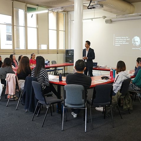 Thai Ngo, recruitment specialist from Careerist, speaking in a seminar held by Thai Education Centre of Victoria. 29 April 2018. 