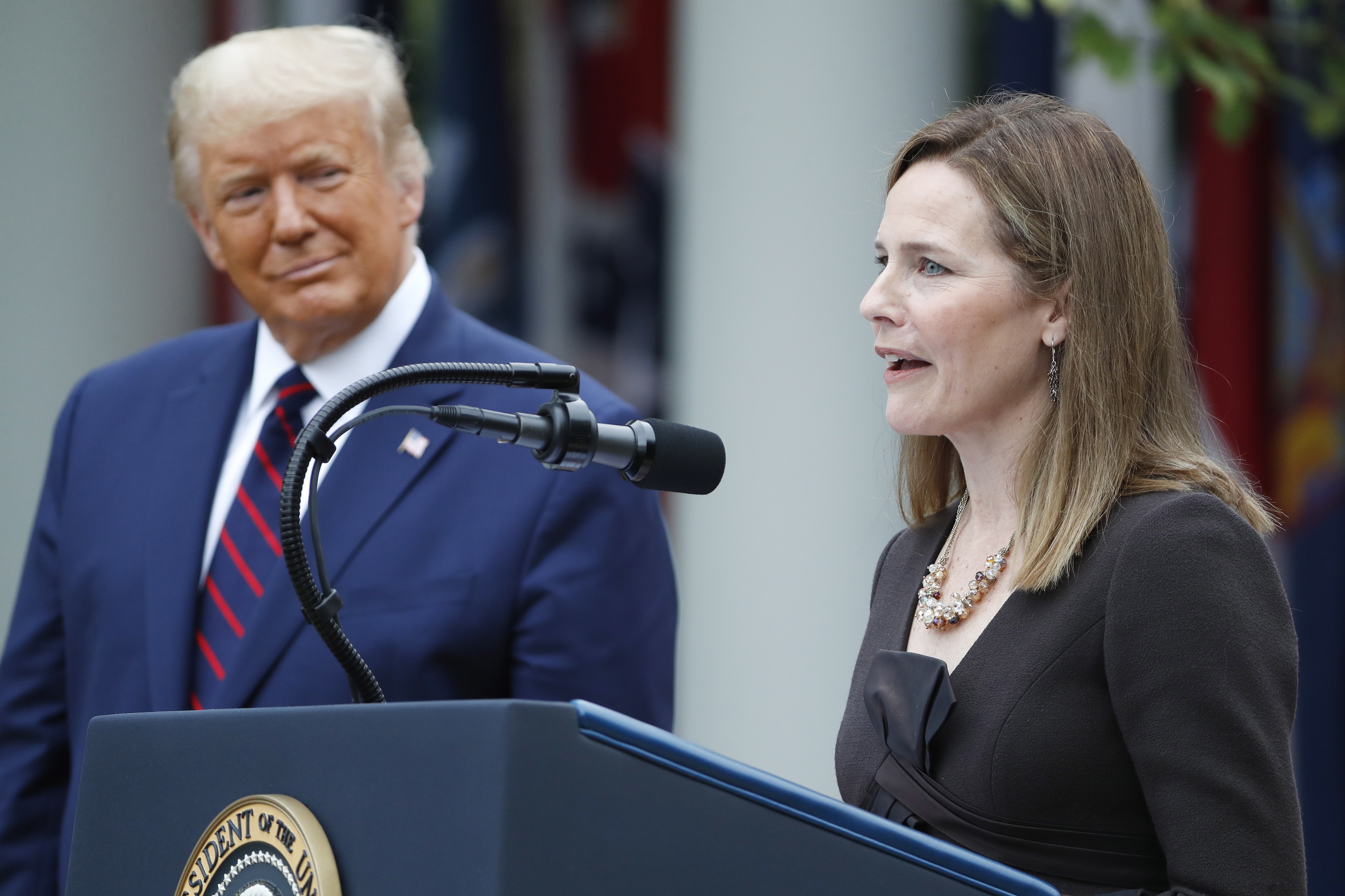 Judge Amy Coney Barrett (R) speaks after being introduced by US President Donald J. Trump as his nominee to be an Associate Justice of the Supreme Court.