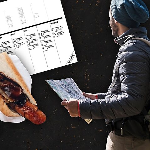 Image of a ballot paper, a backpacker and a sausage sandwich
