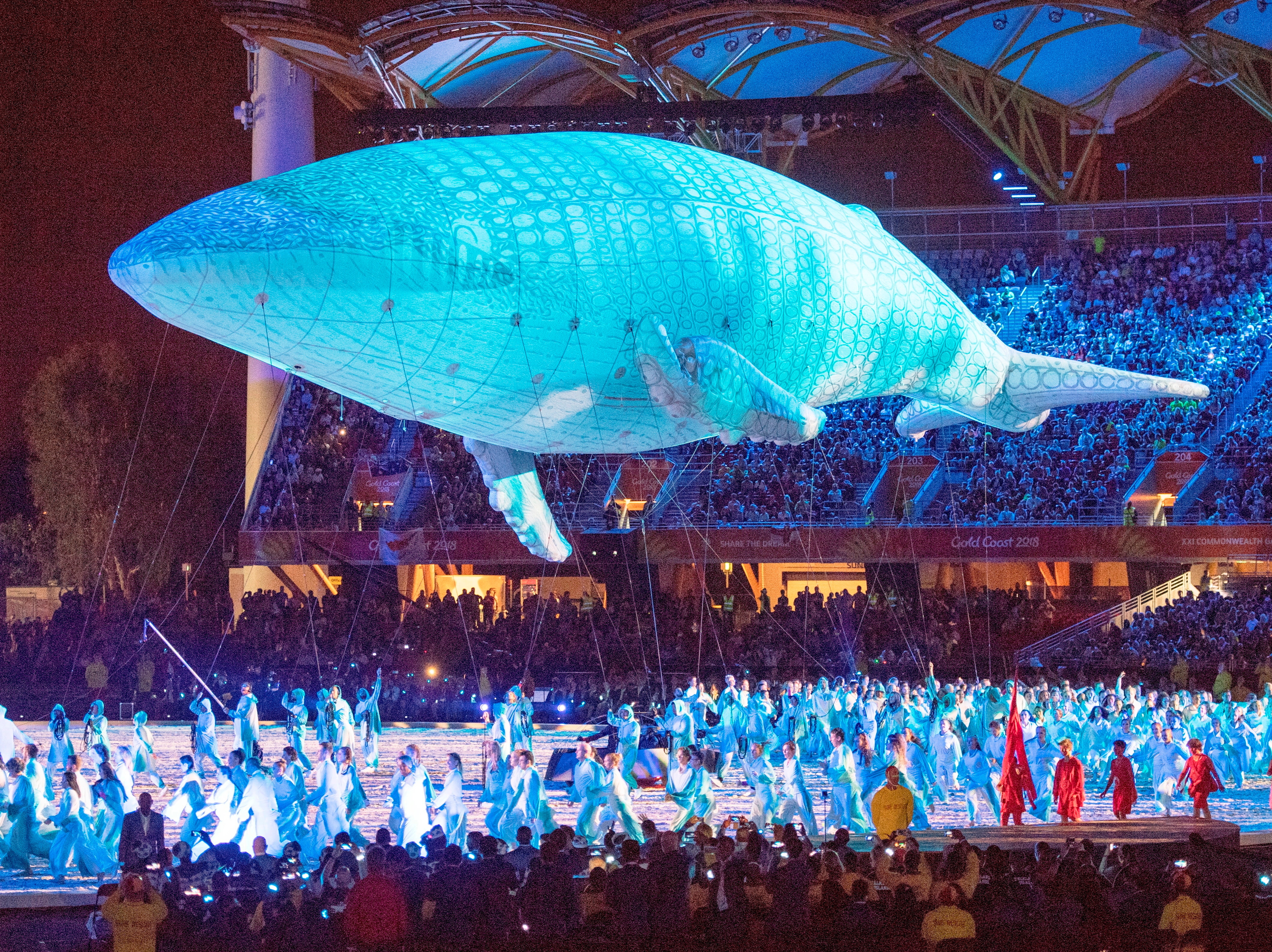 The Gold Coast hosted the Commonwealth Games in 2018. The White Whale, Migaloo, floats over performers during opening ceremonies for the Commonwealth Games Wednesday, April 4, 2018 in Gold Coast, Australia.T (Ryan Remiorz/The Canadian Press via AP)