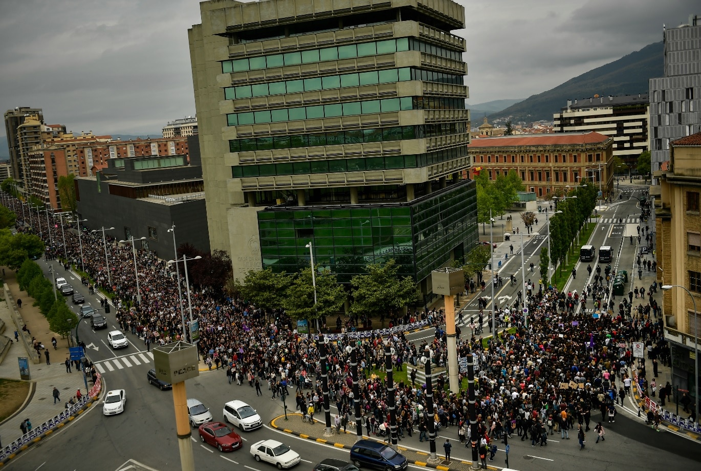 Some thousands of people march along an avenue during a protest against sexual abuse in Pamplona, northern Spain, Saturday, April 28, 2018. 