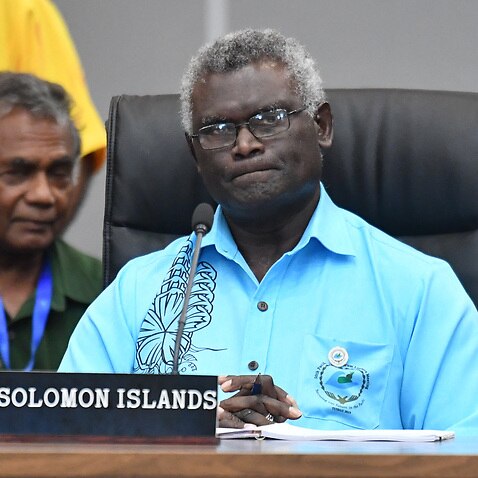 Solomon Islands Prime Minister Manasseh Sogavare at the Pacific Islands Forum Formal Session Opening Statements in Funafuti, Tuvalu, Wednesday, August 14, 2019. (AAP Image/Mick Tsikas) NO ARCHIVING