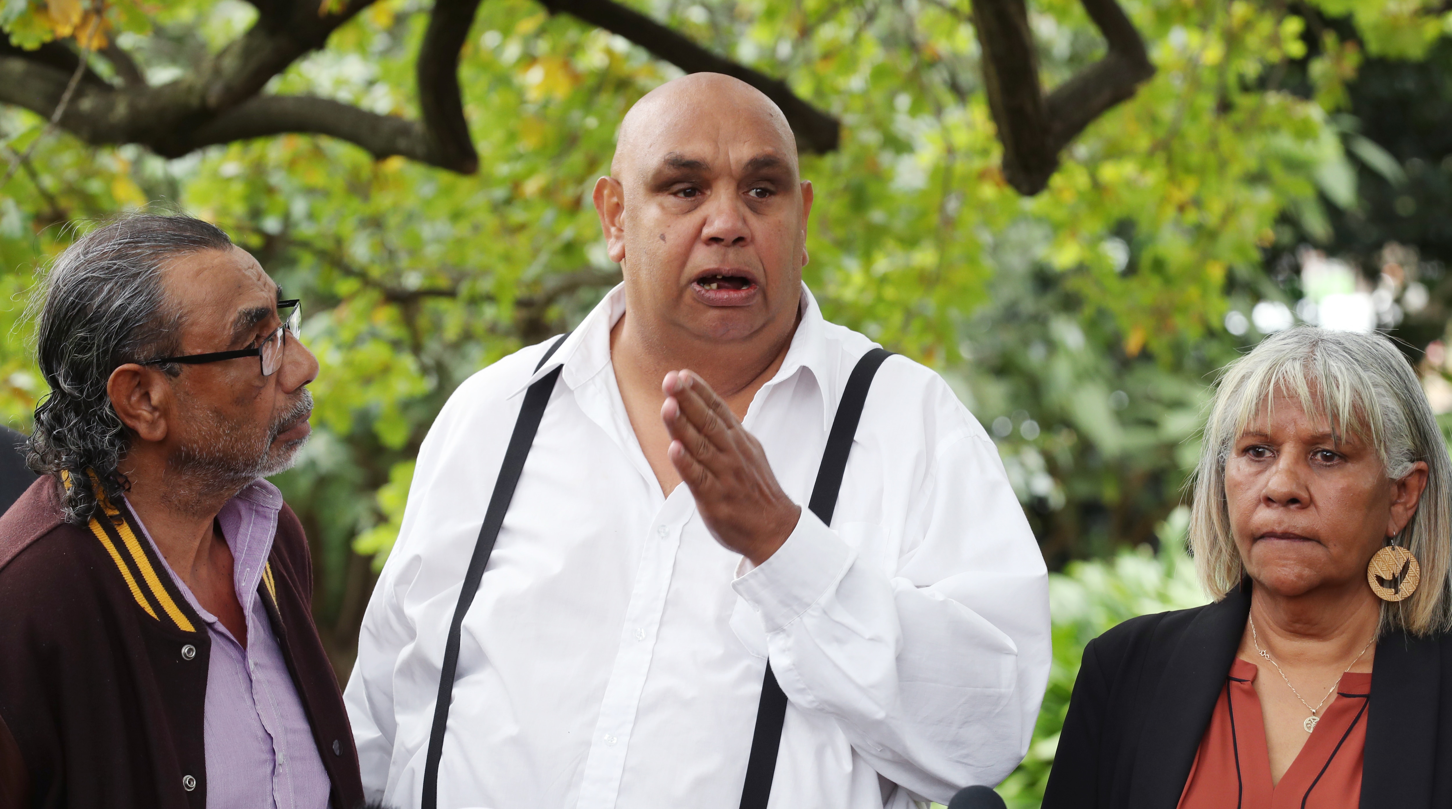Mick Edwards, Kutcha Edwards and Eva Edwards speak to the media during a press conference in Melbourne, Thursday, March 18, 2020. The Premier and Minister Aboriginal Affairs Gavin Jennings announced that $10 million will be invested to develop a scheme wh
