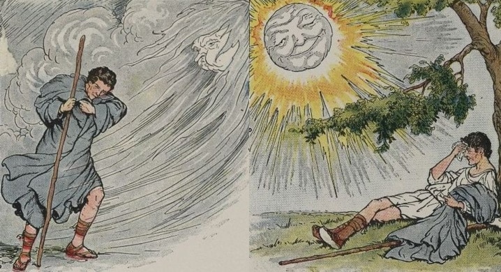 The wind attempts to strip the traveler of his cloak and the sun persuades the traillustrated / Milo Winter /1919 Aesop anthology: The North Wind and the Sun.