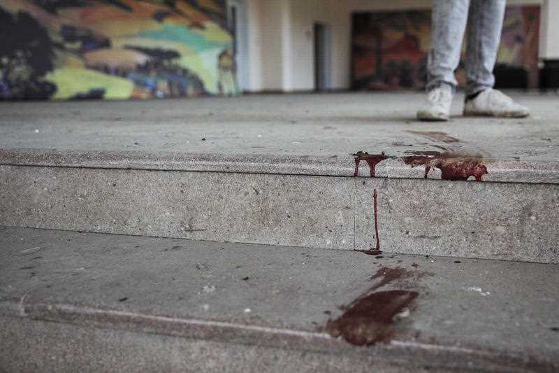 A trail of blood at the House of Culture damaged by Azerbaijani military strikes in the city of Shushi