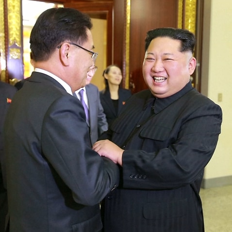 North Korean Leader Kim Jong Un warmly greets South Korea's head of National Security Chung Eui-yong in Pyongyang. 