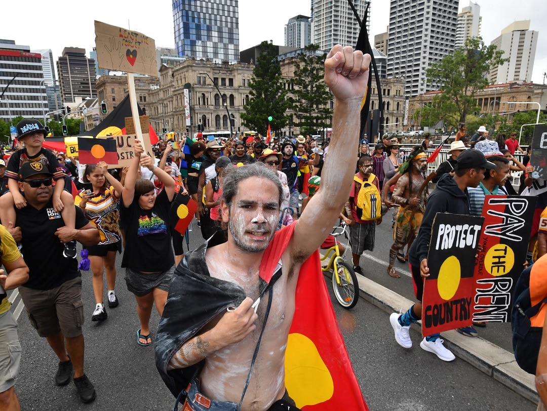 Protesters chanted Protesters chanted "always was, always will be Aboriginal land".