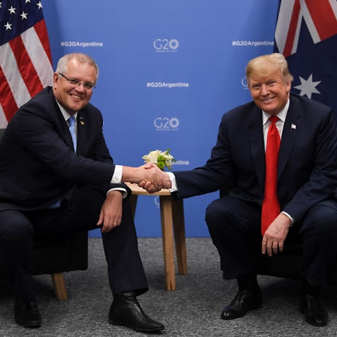 Prime Minister Scott Morrison shakes hands with US President Donald Trump at the G20 summit in Buenos Aires 