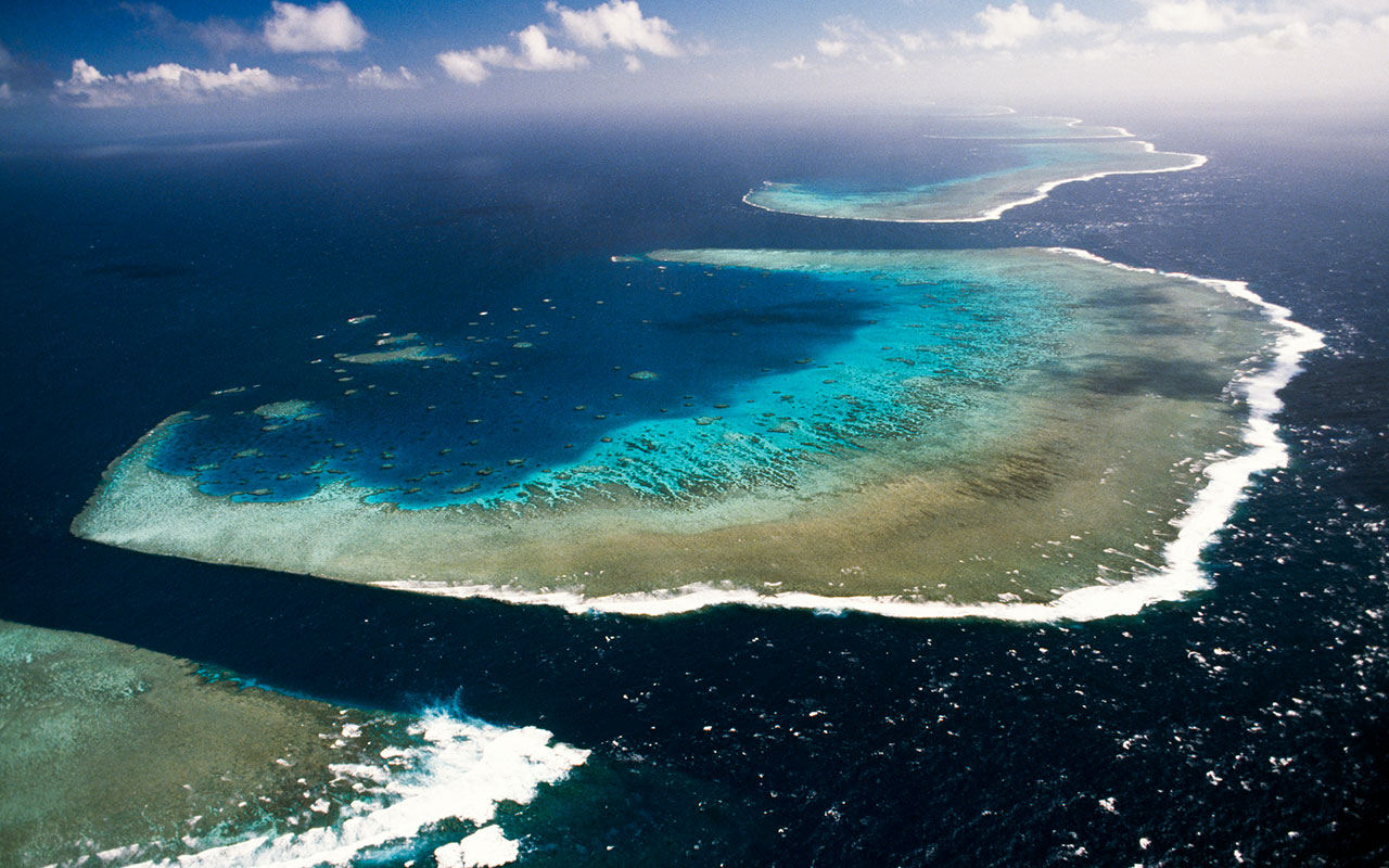 An aerial view of the Great Barrier Reef. 