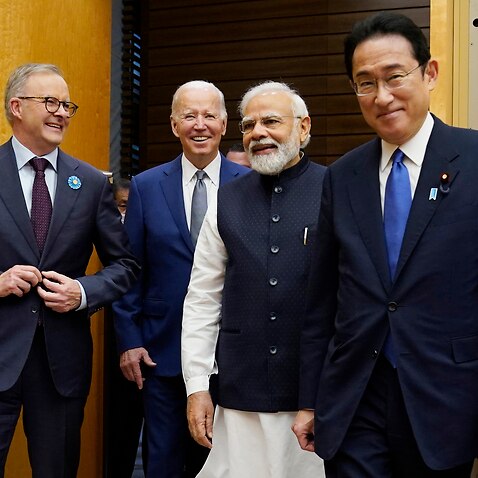Australian Prime Minister Anthony Albanese, left, U.S. President Joe Biden, Indian Prime Minister Narendra Modi are greeted by Japanese Prime Minister Fumio Kishida, right, during his arrival to the Quad leaders summit at Kantei Palace, Tuesday, May 24, 2
