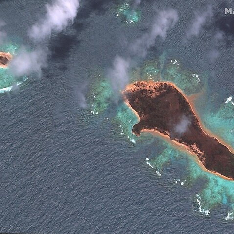 A satellite image of the damage from the volcano eruption and tsunami on Mango island, Tonga. 