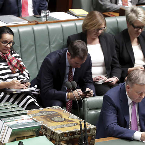 Top Labor frontbenchers on their mobile phones during question time on Monday.Credit: