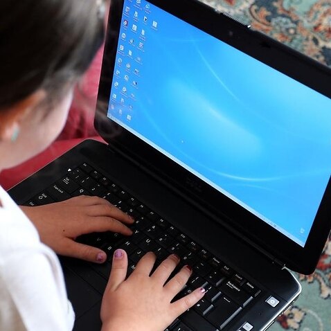 A stock image of a child using a laptop