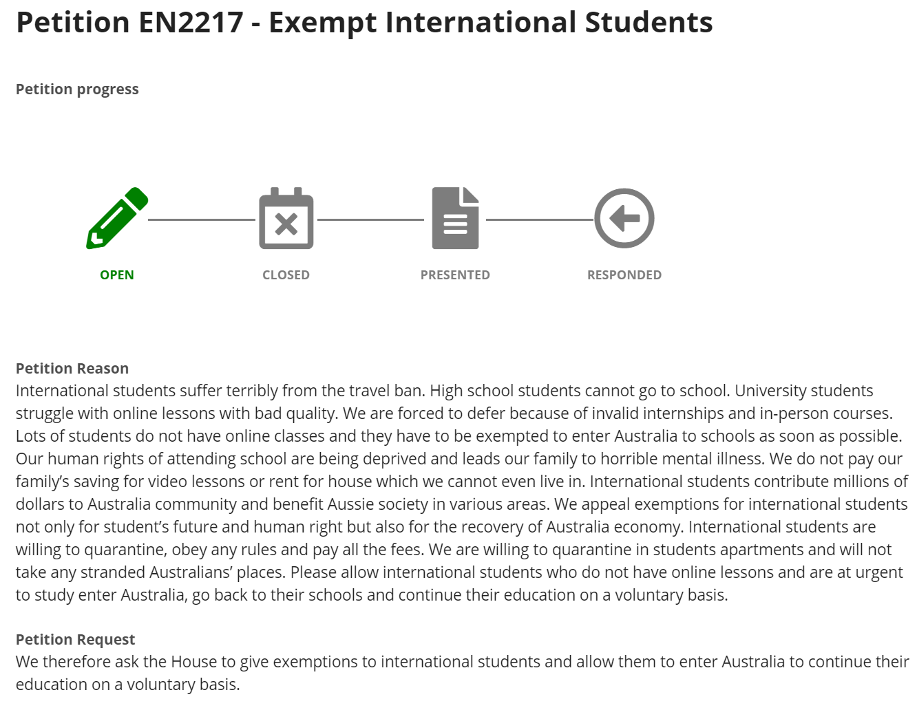 Petition call for exempt international students