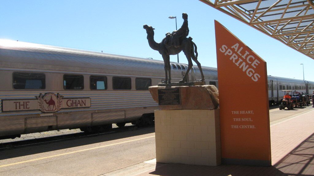 Statue depicting an Afghan soldier and his camel is seen at the Alice Sprigs railway station, where the Ghan train waits on Nov. 12, 2009.