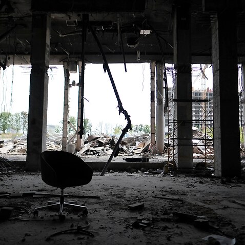 The shopping mall destroyed by the Russian invasion attack is still being cleaned up in Kyiv on May 20, 2022, almost three months since the invasion. ( The Yomiuri Shimbun via AP Images )