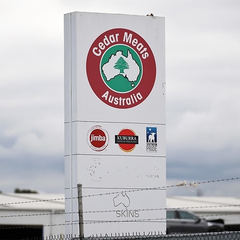 Signage for Cedar Meats Australia is seen in Melbourne, Monday, May 4, 2020. Victoria has recorded 19 new COVID-19 cases connected to a cluster at Cedar Meats, a meat processing facility. (AAP Image/James Ross) NO ARCHIVING