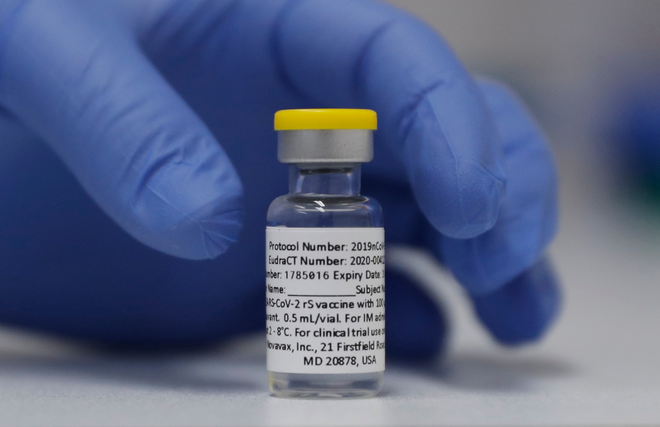 A vial of the Phase 3 Novavax vaccine is seen ready for use in a trial at St. George's University hospital in London October 7, 2020. 