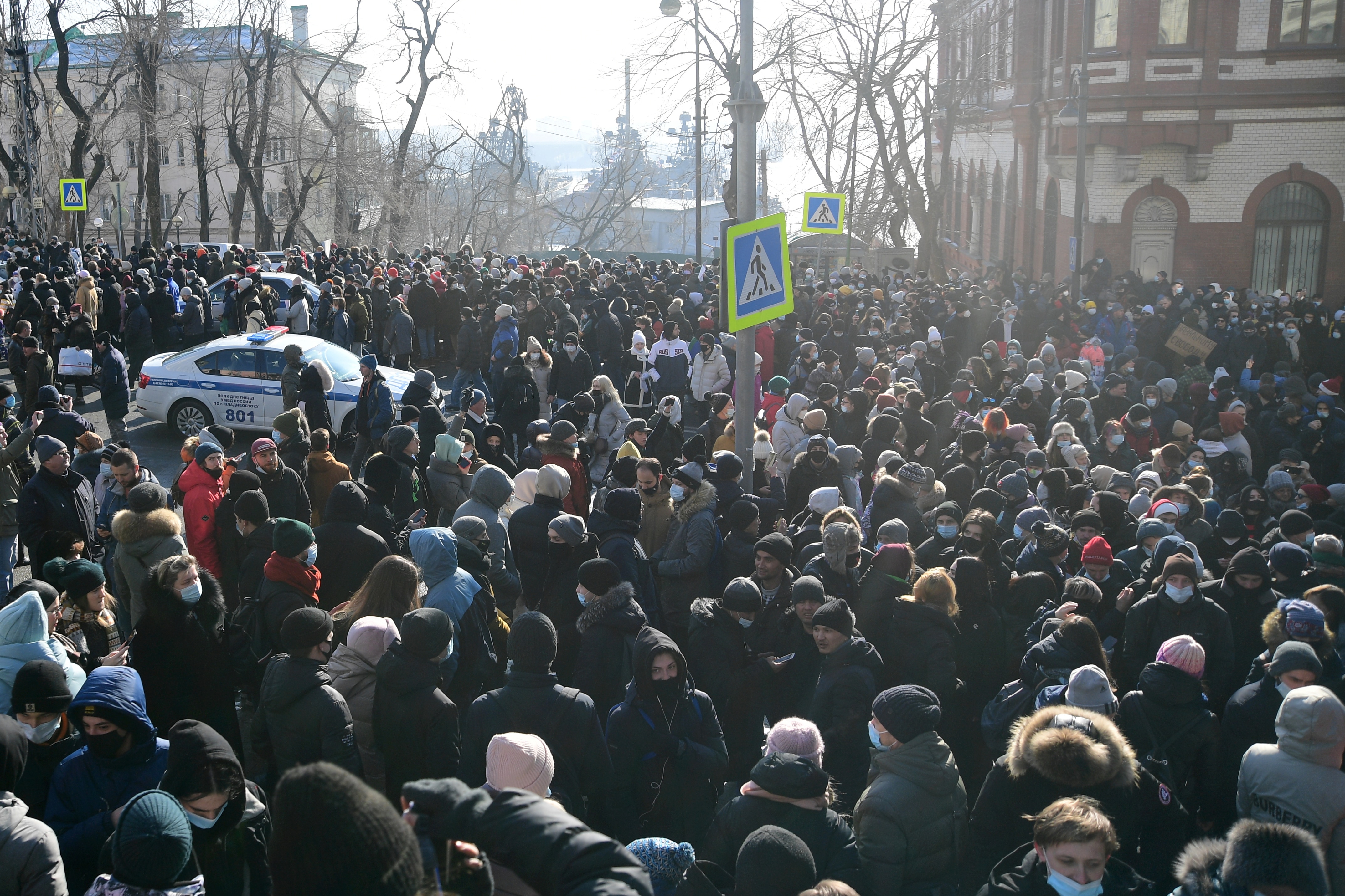 People take part in an unauthorized rally in support of Russian opposition activist Alexei Navalny in Vladivostok, Russia on 23 January.