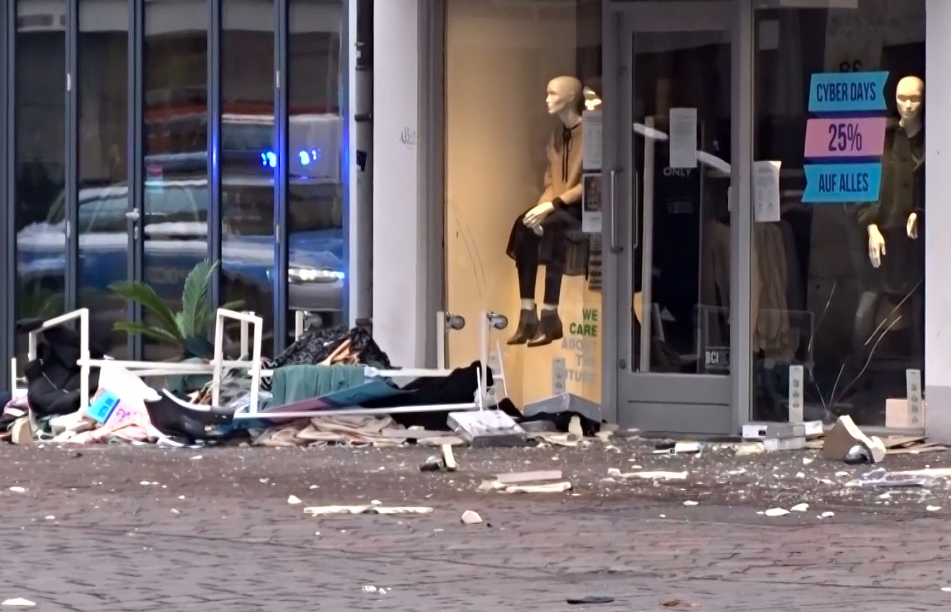 Destruction at the scene where a car drove into pedestrians in the center of Trier, southwestern Germany, on 1 December, 2020.