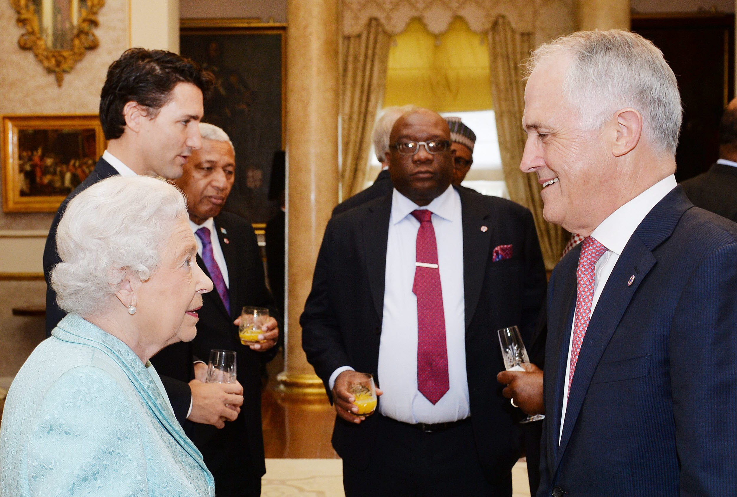Queen Elizabeth II talks to Malcolm Turnbull at a Commonwealth meeting in Malta in 2015.  