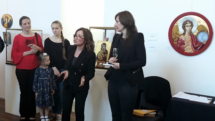Anna Prifti (second from right) and Eirini Stamatogiannis (right) at the exhibition "Rejoice" at the Darebin Arts & Entertainment Centre. 