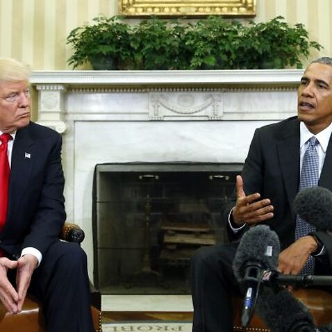 U.S. President Barack Obama (R) meets with President-elect Donald Trump to discuss transition plans in the White House Oval Office in Washington, U.S., November 10, 2016.