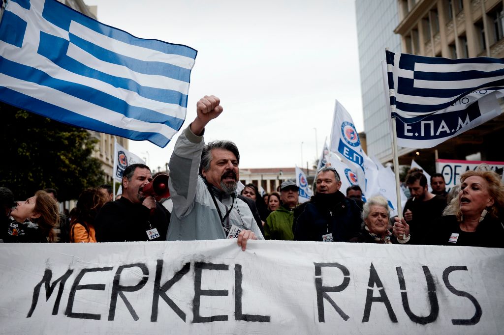 The Greeks slogan during a demonstration against the German Chancellor's visit in Athens in 2014. 