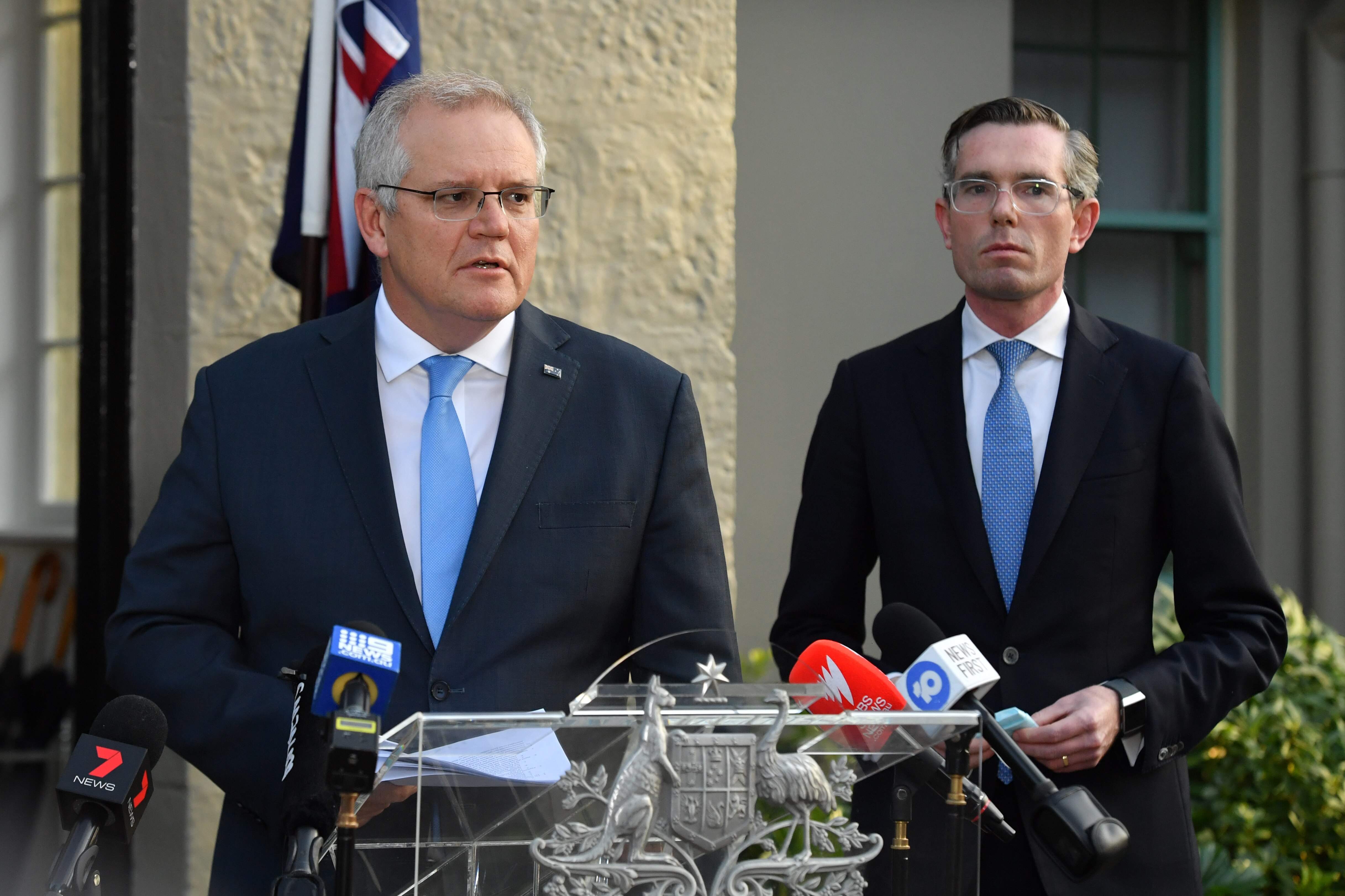 Prime Minister Scott Morrison and NSW Treasurer Dominic Perrottet during the announcement of a Covid-19 financial support package at Kirribilli House in Sydney.