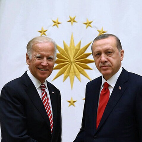 US Vice President Joe Biden (L) and Turkish President Recep Tayyip Erdogan in Ankara, Turkey (AAP)