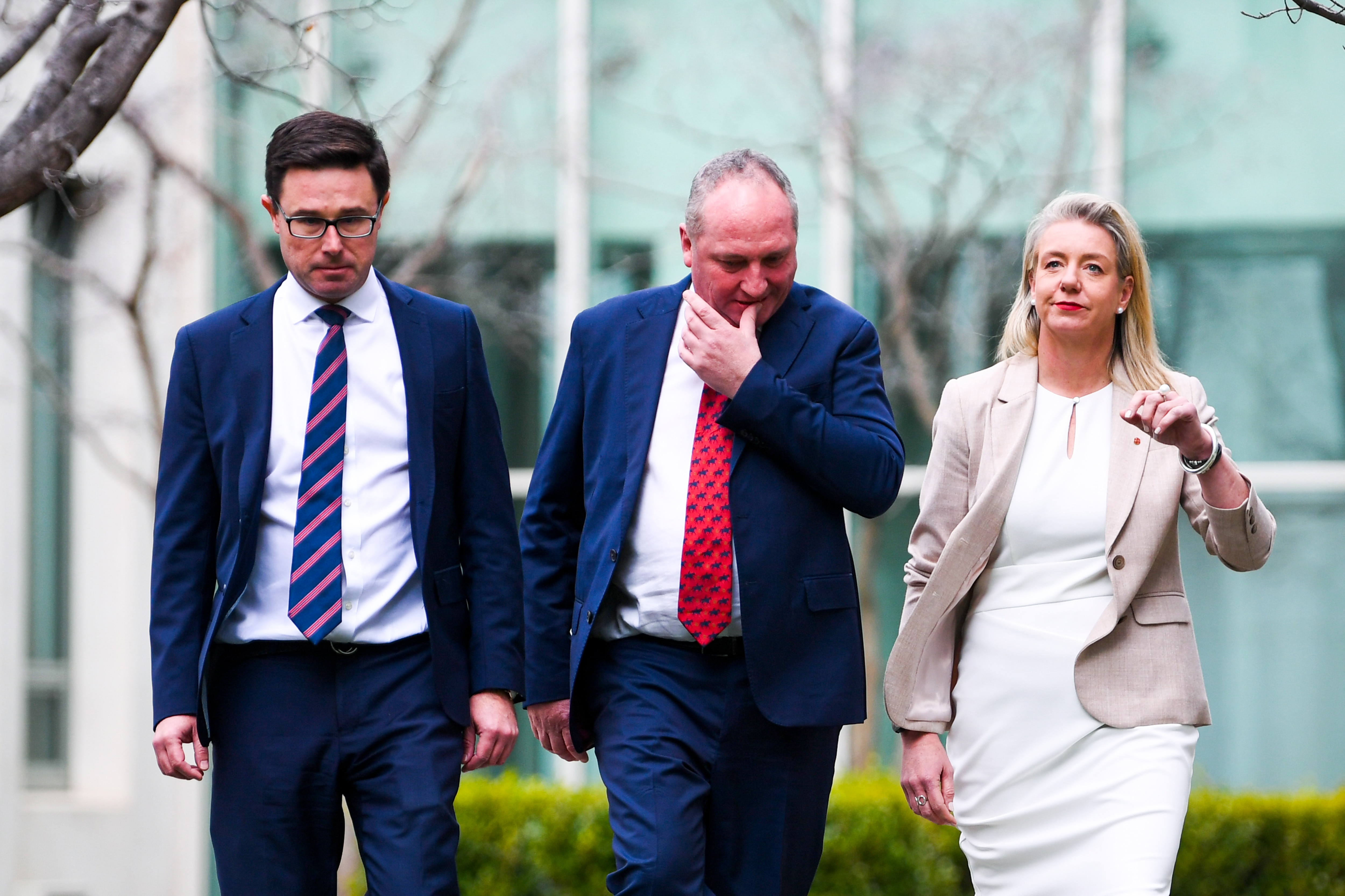 Newly-elected Nationals Leader Barnaby Joyce alongside deputy leader David Littleproud and Leader of the Nationals in the Senate Bridget McKenzie.