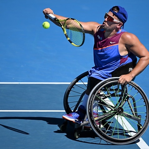 Dylan Alcott during his mens quad wheelchair singles semi final match against Andy Lapthorne on Day 9 of the Australian Open, in Melbourne, January 25, 2022.