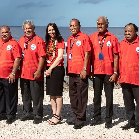 Nauru President Baron Waqa, second from left, poses with New Zealand Prime Minister Jacinda Ardern, fourth from left and other Pacific leaders for a group photo during the Pacific Islands Forum