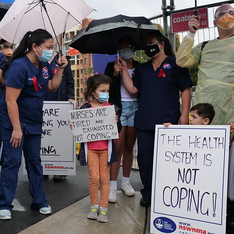 ICU nurses rally outside Westmead Hospital in Sydney, Wednesday, January 19, 2022. (AAP Image/Sam McKeith) NO ARCHIVING