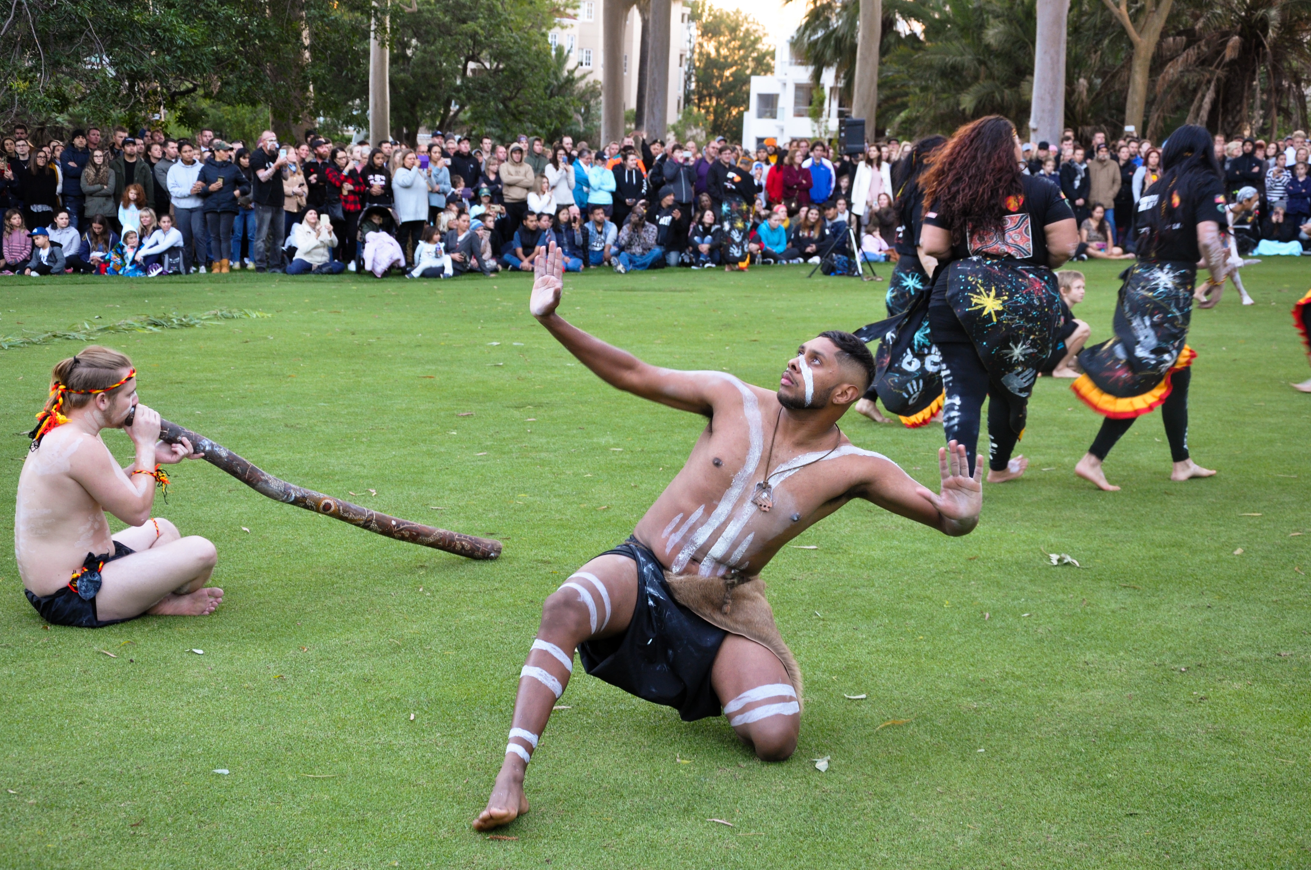 Indigenous dancers perform during an Anzac Day service at Kings Park in Perth.