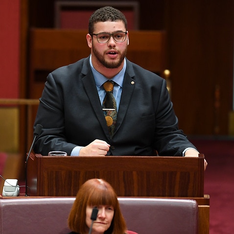 Australian Greens Senator Jordon Steele-John speaks during debate in the Senate chamber at Parliament House in Canberra.