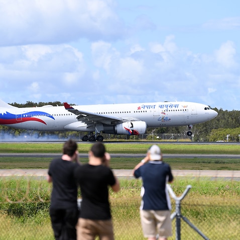 Nepal Airlines flight landing at Brisbane airport on April 2,2020 with Australian and New Zealand passengers onboard after being evacuated from Nepal amid coronavirus restrictions.