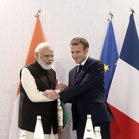French President Emmanuel Macron meets India Prime minister, Narendra Modi during the G20 summit, in Rome, Italy, on October 30, 2021. Photo by Stéphane Lemouton / Pool/ABACAPRESS.COM.