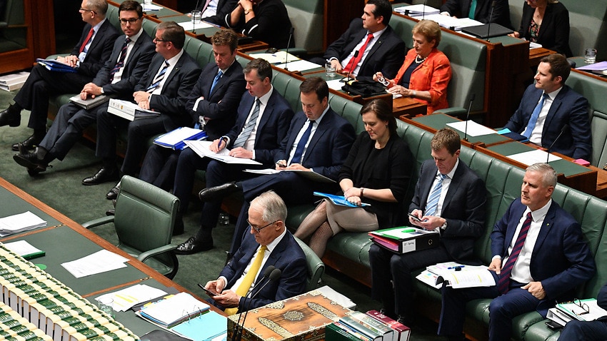 Prime Minister Malcolm Turnbull and his frontbench during Question Time in the House of Representatives at Parliament House.