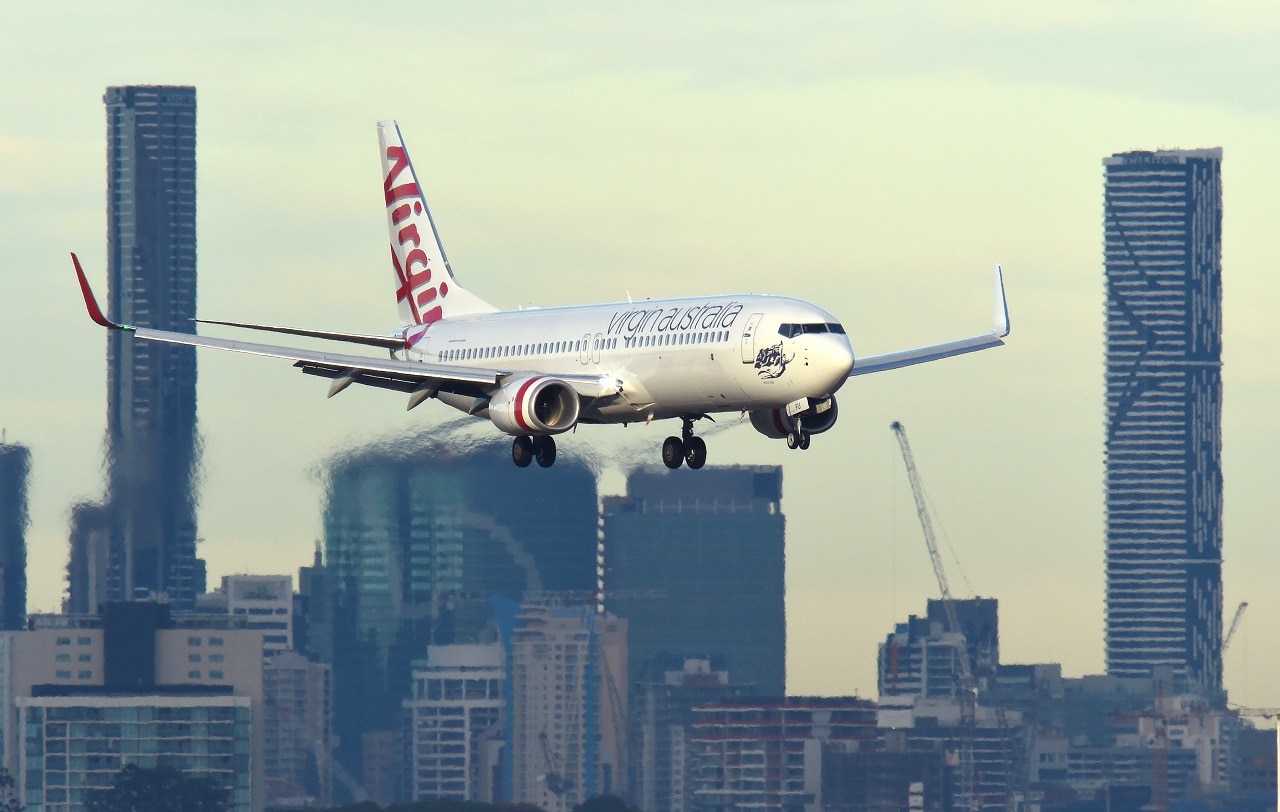 A Virgin Australia plane is seen on approach into Brisbane airport.     